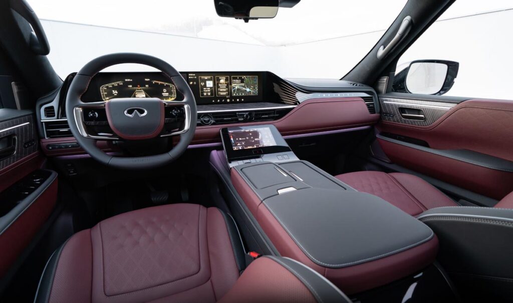 The diamond-quilted semi-aniline leather, open-pore wood, satin aluminum accents, and soft-touch surfaces abound inside the QX80. Photo by Infiniti